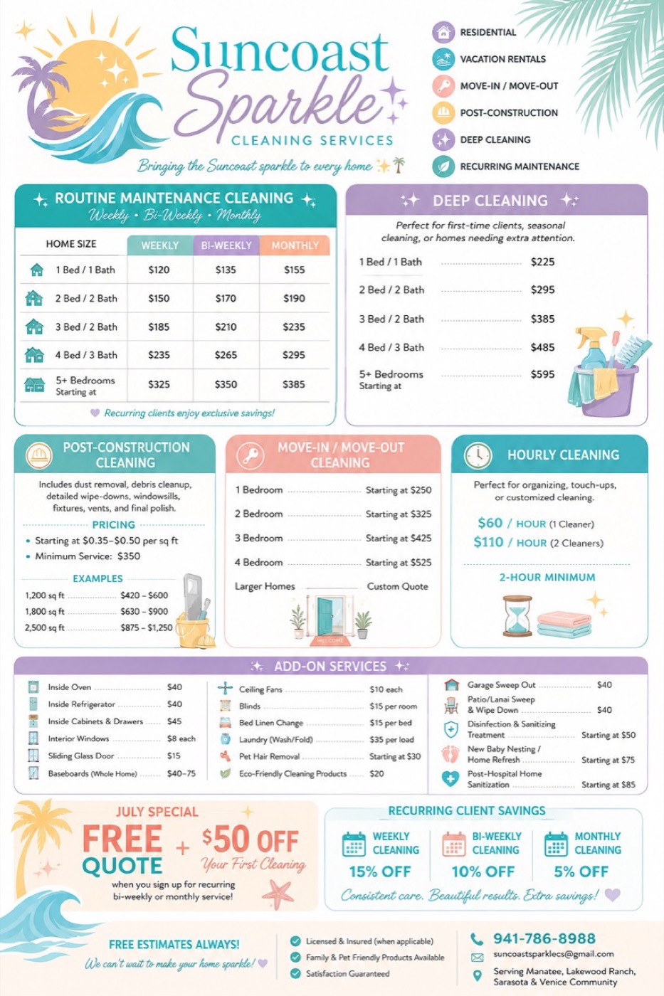 Suncoast Sparkle pricing guide flyer