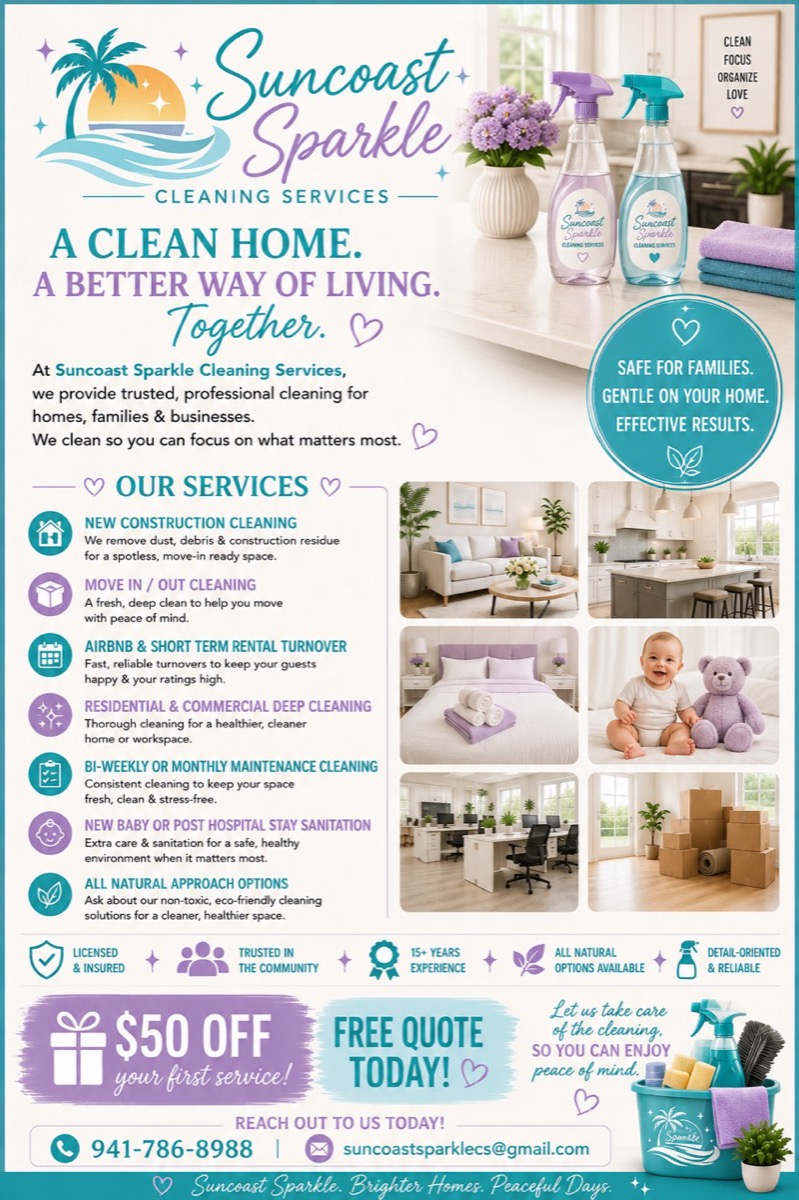 Suncoast Sparkle flyer showing clean homes, family safe service, and cleaning services